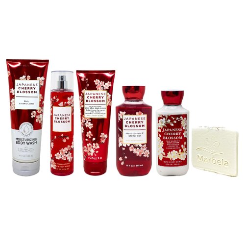 Bath & Body Works Japanese Cherry Blossom 5 Piece Value Pack with a Natural Oats Sample Soap - Body Wash - Fragrance Mist - Body Cream - Shower Gel and Body Lotion - Full Size