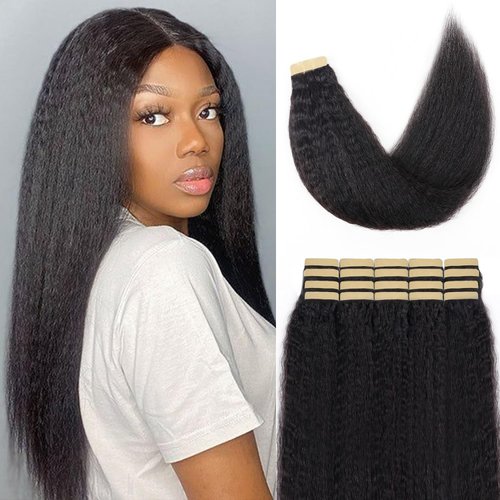 Liqusee Kinky Straight Tape In Hair Extensions Human Hair 100% Remy Hair Natural Black 14 inch 20pcs 50g/Pack Double Sided Seamless Skin Weft Tape ins Real Human Hair Extensions for Black Women
