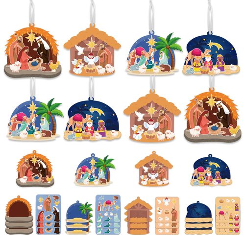 Christmas Nativity Ornament Crafts for Kids - 16 Pack Make Your Own Nativity Scene Ornament Kit with Nativity DIY Craft Stickers Cutouts for Kids Xmas Tree Holiday Classroom Art Activity Party Favors