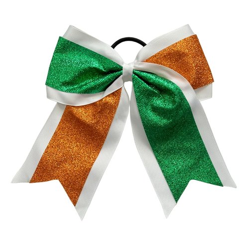 New "GLITTER DUO Orange & Green" Cheer Bow Pony Tail 7 Inch Girls Hair Bows Cheerleading Dance Practice Football Games Competition Birthday Grosgrain Ribbon