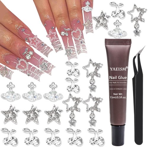 YAEISM Star Nail Charms Kit 3D Shiny Silver Nail Charms Crystal Planet Charms Luxury Cherry Nail Charms Rhinestones with Glue Gel,Tweezer for Nail Art and DIY Crafts Decoration