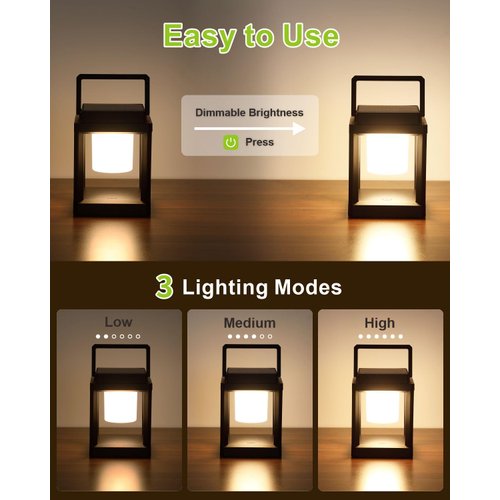 DAKAFUL Outdoor Table Lamp, Led Lamps for Nightstand, Solar Lanterns Outdoor Hanging for Patio Waterproof, Cordless Battery Operated Lamp, Rechargeable Solar Lantern for Reading, Decor, Camping
