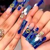 RUOKEXIN French Press on Nails Long Square Fake Nails Blue Acrylic False Nails with 5D Blue Rhinestones Charms Designs Gold Heart Charms Glitter Artificial Nails Luxury Stick on Nails for Women 24Pcs