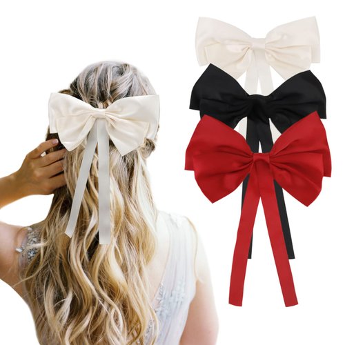 YISSION 3Pcs Big Bow Hair Clips for Women Girls Silky Satin Hair Barrettes with Long Tail Hair Bow Clips Hair Ribbon Hair Accessories for Women Girls Wedding Party Prom(White Black Red)