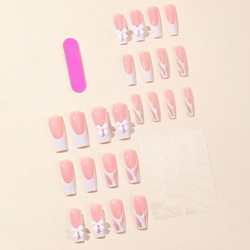 ROFIBUT French Tip Press on Nails Long Square Fake Nails Glossy Coffin False Nails with Bow Rhinestone Glitter White French Tip with Pearl Designs Reusable Acrylic Nails for Women Girls Manicure 24Pcs