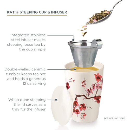 Tea Forte Kati Cup Ceramic Tea Infuser Cup with Infuser Basket and Lid for Steeping, Cherry Blossoms