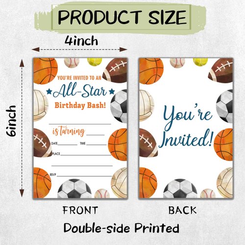 Sports Style Fill-In Birthday Invites(4"x6"), All Star Birthday Invitations with Envelopes(20-Pack), Birthday Party Supplies for Boys & Girls, Teen, Kids-A02