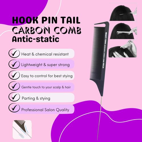 MRS GWEN HAIR & ACCESSORIES Rat Tail Comb 2pc Hook Pin Tail Carbon Comb Anti-static Heat Resistant Fine-Tooth Parting Styling Loc Comb & an Alligator Hair Clip (4mm Thickness)