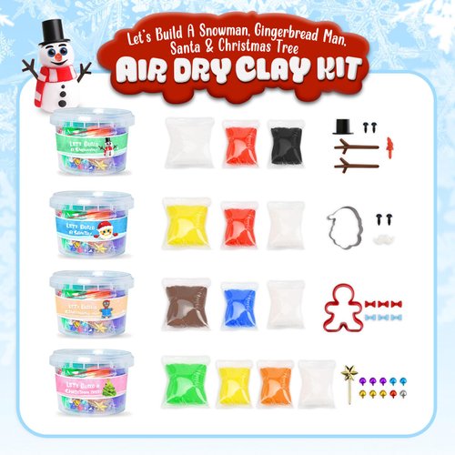 Christmas Stocking Stuffers for Kids - Christmas Crafts - Build a Snowman, Gingerbread Man, Santa & Christmas Tree - 4 Piece DIY Air Dry Clay Kit - Xmas Gifts for Girls Boys Ages 3-5 4-8 8-12
