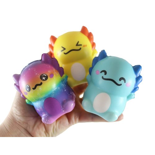 3 Small 3.25" Axolotl Slow Rise Squishy Toys - Memory Foam Party Favors, Fidgets, Prizes, OT (Random Colors) (Set of 3 Random Colors)