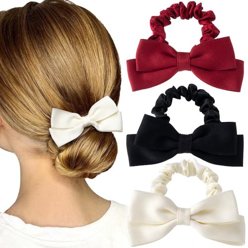 HINZIC 3pcs Silk Bow Scrunchies Black Red White Bowknot Hair Ties Elastic Ponytail Holder Wedding...