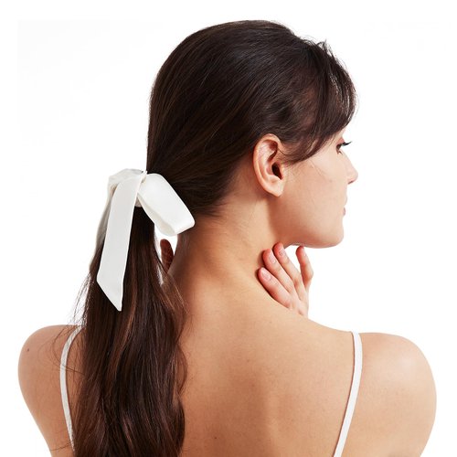 Consysi 1 Piece Silk Bow Scrunchies for Hair-100% Pure Mulberry 22 Momme Silk Hair Tie, Elastic Ponytail Holder, Elegant Soft Bow Hair Ties Band for Women Hair Care, Multiple Colours (WHITE)
