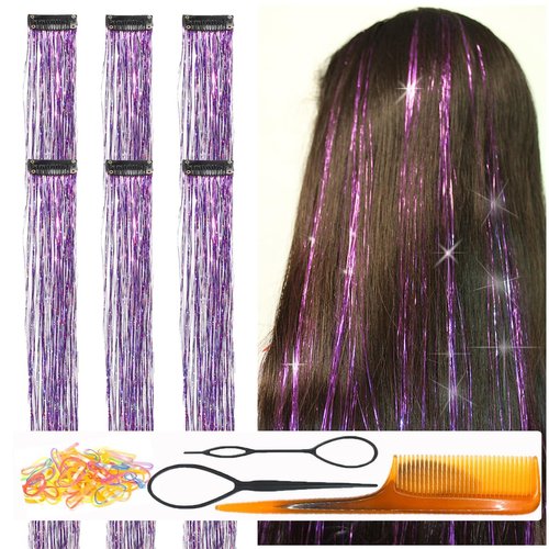CelineBella Clip In Purple Tinsel Hair Extensions Kit Glitter Strands Clip In for Girls Women Fairy Hair New Year Party Halloween Festival Gift