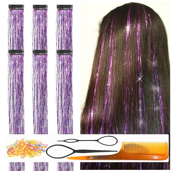 CelineBella Clip In Purple Tinsel Hair Extensions Kit Glitter Strands Clip In for Girls Women Fairy Hair New Year Party Halloween Festival Gift
