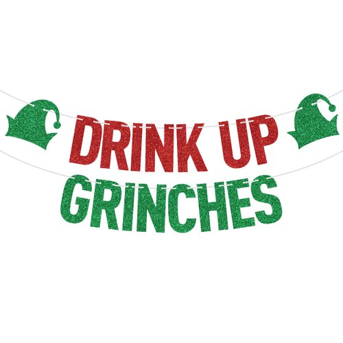 Red Glitter Drink Up Grinches Banner, Merry Christmas/Feliz Navidad, 2024 New Year Christmas Holiday Party Decorations Supplies