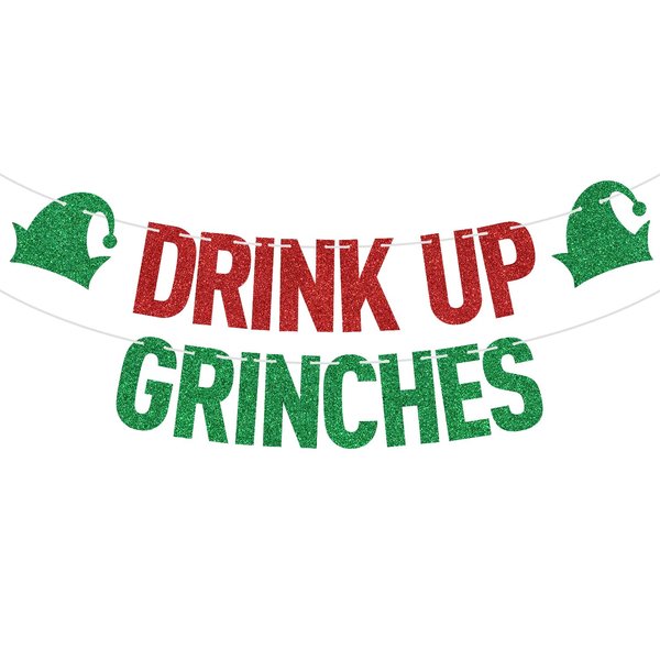 Red Glitter Drink Up Grinches Banner, Merry Christmas/Feliz Navidad, 2024 New Year Christmas Holiday Party Decorations Supplies