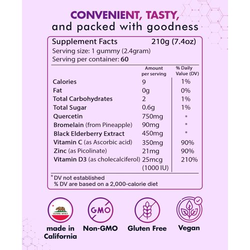 BIO VITALICA (5 Pack) Quercetin Gummies by BioVitalica - Quercetin with Bromelain Vitamin C and Zinc & Elderberry + Vitamin D3-5 in 1 Immune Support - Zinc Quercetin 750 mg for Kids and Adults