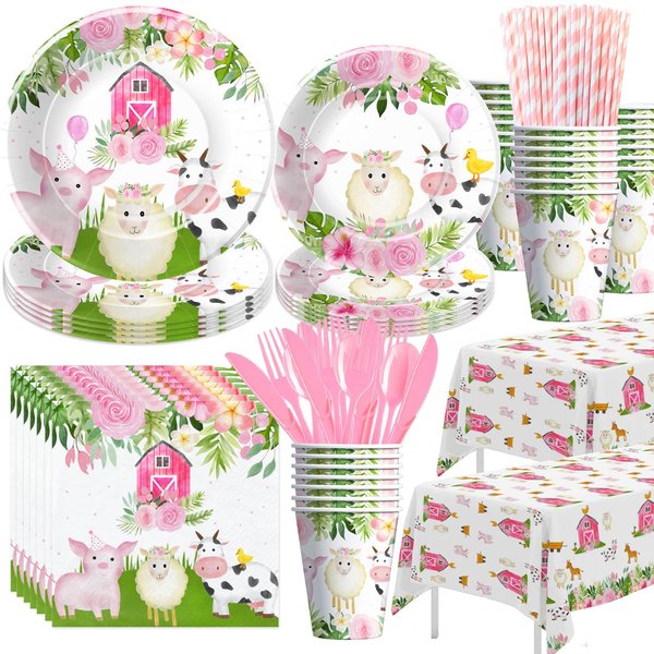 HIPVVILD Farm Birthday Party Supplies Tableware, Farm Animal Birthday Baby Shower Party Decorations, Plate, Cup, Napkin, Tablecloth, Cutlery, Farm House Animal Barnyard Theme Party Supplies | Serve 24