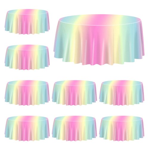 QUERICKY 9 Pack Pastel Rainbow Tablecloths for Round Table, 84x84'' Pastel Rainbow Plastic Round Table Cover for Girls Rainbow Birthday Party Decorations Princess Party Baby Shower Party Supplies