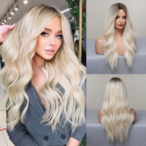 MONLER Long Blonde Wigs for Women 26 Inches Ombre Blonde Wig with Dark Roots Synthetic Wig Loose Wavy Wigs Cosplay Daily