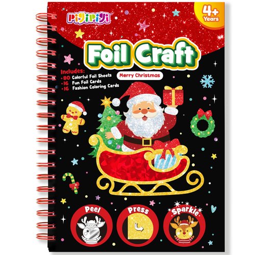 pigipigi Art Craft Activity for Kids: Foil Art Christmas DIY Toy Kit, No Mess Creative Travel Supply Set, Idea Birthday Christmas for Girl Boy Children 3 4 5 6 7 8 9 Year Old