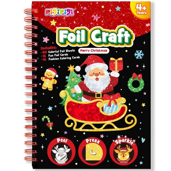 pigipigi Art Craft Activity for Kids: Foil Art Christmas DIY Toy Kit, No Mess Creative Travel Supply Set, Idea Birthday Christmas for Girl Boy Children 3 4 5 6 7 8 9 Year Old