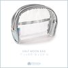 Half Moon Bag / Clear Cosmetic Pouch for Purse / Transparent TSA Compliant Clear Quart Bag for Travel / See-Through Clutch or Handbag for Makeup / Made From Vegan Leather, Vinyl PVC & Suede (Silver)