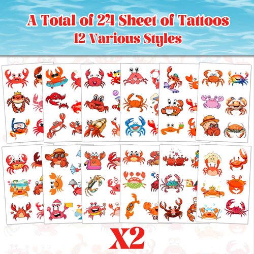 Crab Temporary Tattoos 24 Sheets (144 PCS) Crab Party Favors for Crab Boil Party, Seafood Picnic, Baby Shower, and Crab Themed Decorations
