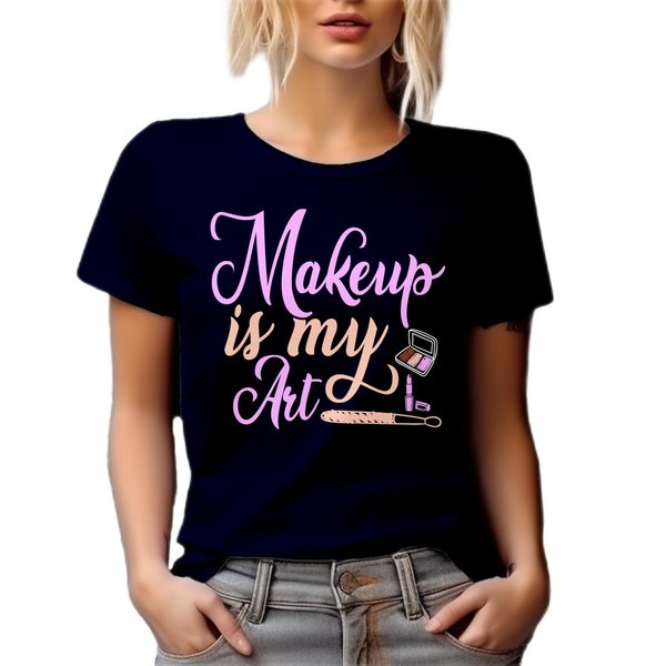 Makeup is My Art with Eyeshadow Palette, Beauty Themed Merch Gift for Makeup Artist or Lovers, Cosmetologists & Beauticians, Navy Blue T-Shirt, 3XL