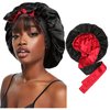 Satin Bonnet Silk Sleep Cap Hair Bonnets for Women Stretchy Tie Band Hair Cap for Curly Hair Silk Hair Wrap(Black+Red)