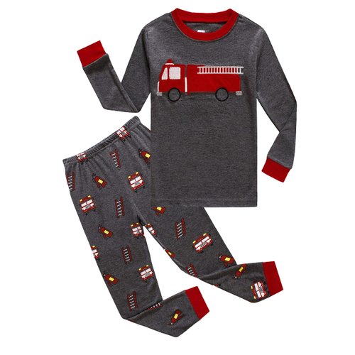 Family Feeling Fire Truck Big Boys Long Sleeve Pajamas Sets Cotton Pyjamas Kids Pjs Size 8 Grey