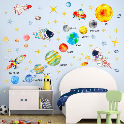 Suplanet Astronaut & Solar System Wall Decals, Cartoon Spaceman Space Planet Star Spaceship UFO Wall Stickers, Kid Baby Boy Girl Room Decor for Nursery Bedroom Living Room Playroom Decorations