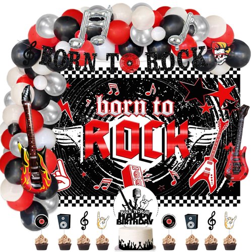 95 PCs Rock and Roll Party Decorations, Hombae Rock Music Themed Birthday Party Supplies Born to Rock Backdrop Balloon Garland Glitter Banner Cake Cupcake Topper Guitar Rock Star Black Red Silver