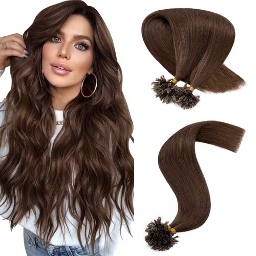 Hairro Pre Bonded Hair Extensions Cold Fusion U Tip Hairpieces Utip 100% Human Hair Glue Stick U-tip Remy Tipped Hairpiece Brown Nail Tipped Hair Extension 100 Strands 22" 50g #04 Medium Brown