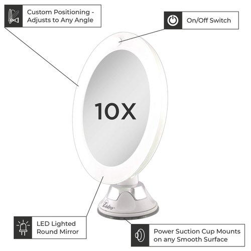 Zadro LED Lighted 10X Magnification Z'Swivel Power Suction Cup Vanity Wall Mount Beauty Makeup Mirror, White