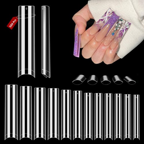 Quaferen Clear Square Nail Tips, 504PCS 3XL Long No C Curve Nail Tips Square, Half Cover Flat Tapered Square Straight Gel Acrylic Nail Tips False Nails for DIY Nail Art Salon