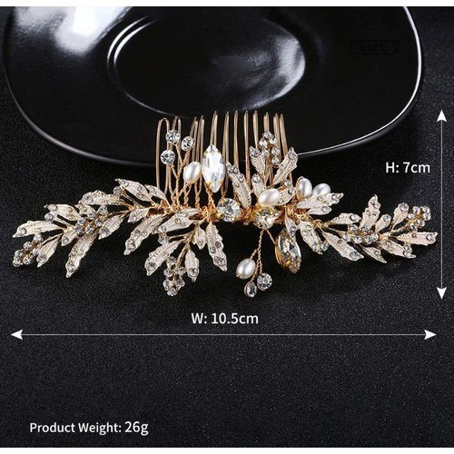 Denifery Vintage Wedding Headpiece - Gold Rhinestone Pearls Flower and Leaf Crystal Hair Comb for Women, Bridal Hair Accessories