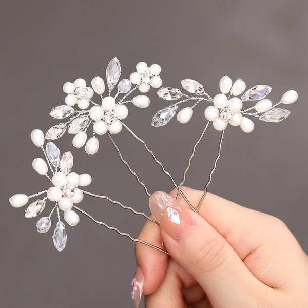 Easedaily Pearl Bride Wedding Hair Pins Silver Crystal Bridal Hair Piece Hair Accessories for Women and Girls (3 pieces)