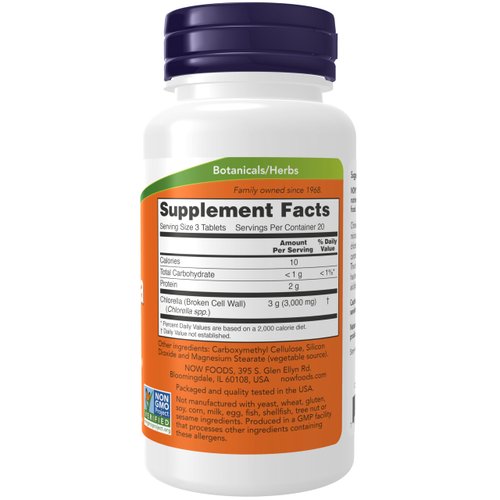 NOW Supplements, Chlorella 1000 mg with naturally occurring Chlorophyll, Beta-Carotene, mixed Carotenoids, Vitamin C, Iron and Protein, 60 Tablets