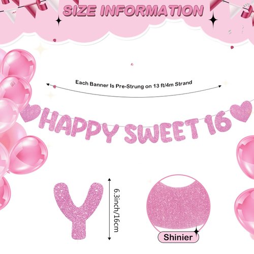 Fulmoon Pre Strung Happy Sweet 16 Banner Glitter Sixteenth Birthday Party Decorations 16th Birthday Party Sign Sweet 16 Party Decorations for Birthday Party Bachelorette Party (Pink)