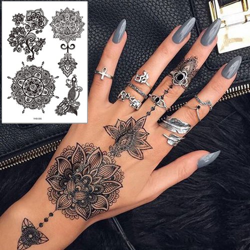 Black Henna Temporary Tattoos Sexy Lace Henna Tattoos Stickers Set Indian Mandala Elephant Flower...