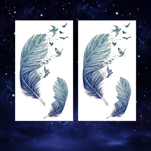 Oottati 2 Sheets Waterproof Small Cute Fake Belly Cesarean Section Scar Cover Temporary Tattoos Stickers Blue Feather Birds