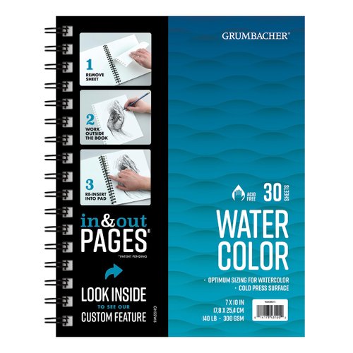 Grumbacher 7" x 10" Watercolor Paper Pad with in & Out Pages, 140 lb./300 GSM, Side Wired, 30 White Sheets (Pack of 1 Pad)