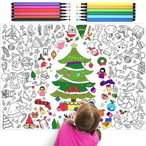 MOVINPE Giant Christmas Coloring Poster with 12pcs Colors Paint Pens for Kids, 33.9 x 46.5in Coloring Tablecloth Christmas Crafts - Ideal for Kids' School Party Festive Family Activities (Christmas)