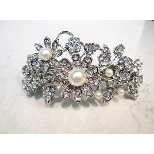 Generic Silver flower shaped pearl and crystal hair barrette clip bridal clip bridal