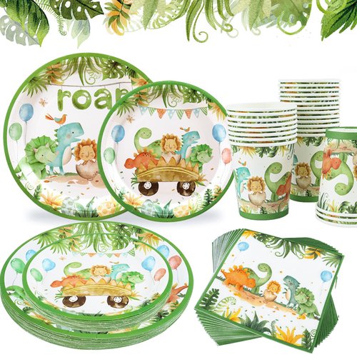 Dinosaur Birthday Party Supplies,96pcs Dinosaur Party Plates and Napkin for Dinosaur Theme Boys Birthday Baby Shower Party Decoration