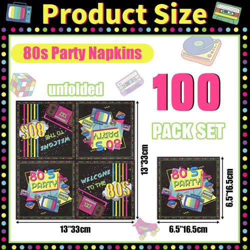 100Pcs 80s Napkins Decorations 13 x 13inch Back to the 80's Party Napkins Colorful Hip Hop Napkins for Back to the 80s Party Decorations, 80s Theme Birthday Party Supplies