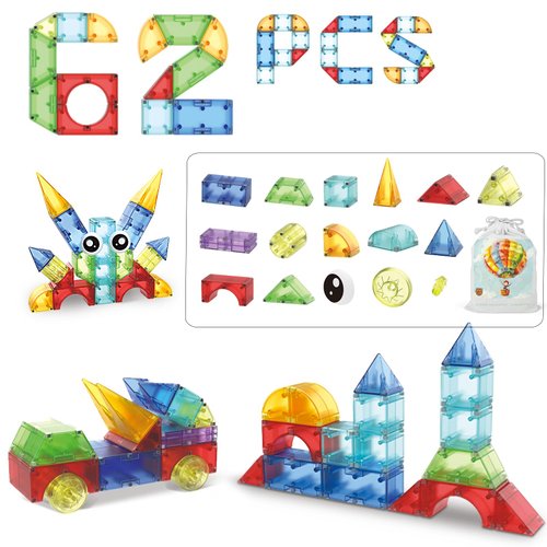 62 Piece Clear Magnetic Building Blocks Toy Set 16 Different Shapes & 9 Colors Build Vehicles, Animals, Figures, Great Gift for Kids Ages 3 & Up Boys Girls Toddlers STEM Preschool Early Learning Gifts