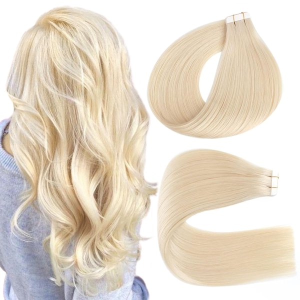 Lovrio 22" 20pcs 50g Tape in Human Hair Extensions Color 60 Platinum Blonde Prime Silky Straight Skin Weft Remy Human Hair