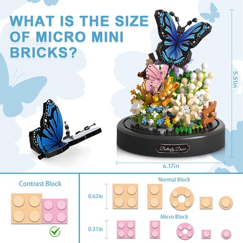 HIGH GODO Flower Bouquet Butterfly Building Set, Bonsai Tree Flowers Building Blocks with Dust Cover, 530 PCS Micro Bricks Botanical Collection Kit, Birthday Gift for Women Girlfriend Adults 12+